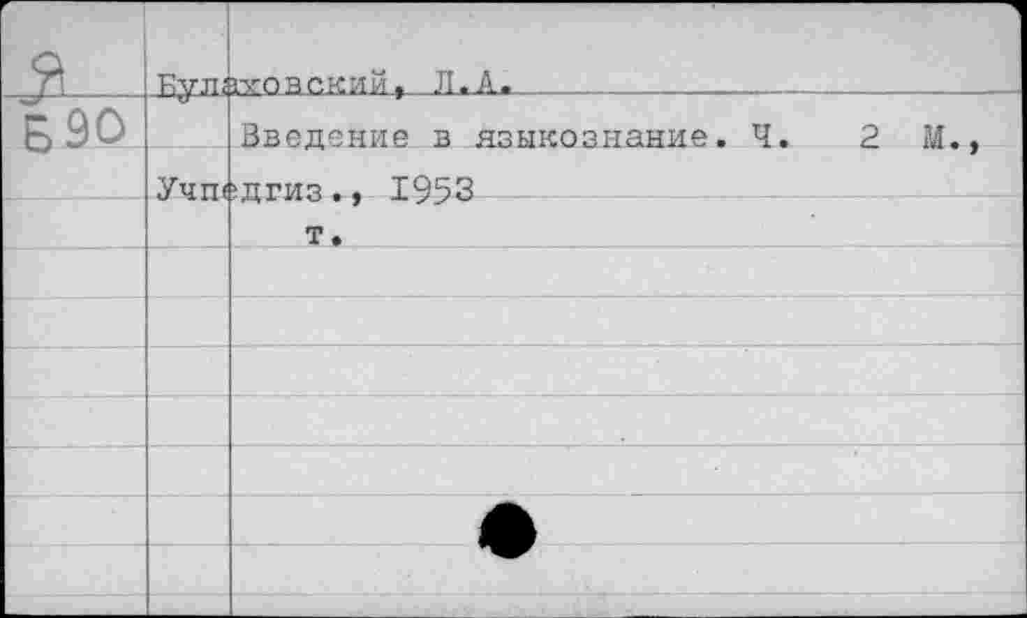 ﻿я	Кул;	ууовский, Л.А.	... ... 	 . ...	.. 	
Б90		Введение в языкознание. Ч. 2 М.,
	.Учти	!дгиз. • 1953
		т.
		
		
		
		
		
		
		
		